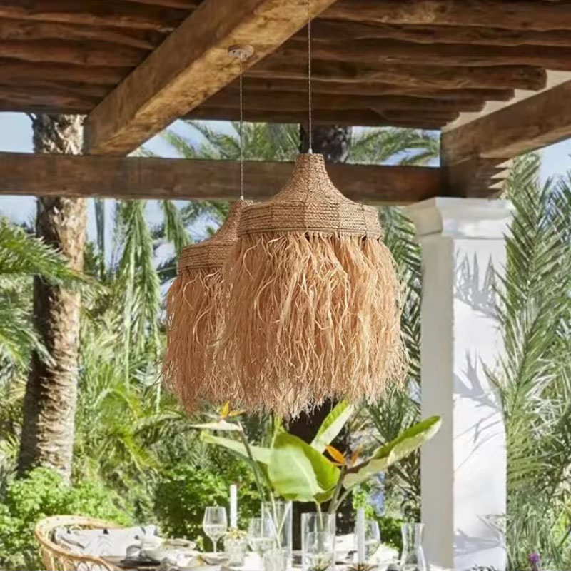 Wicker Fringe Pendant Light Outdoor Dining Pavilion Decor