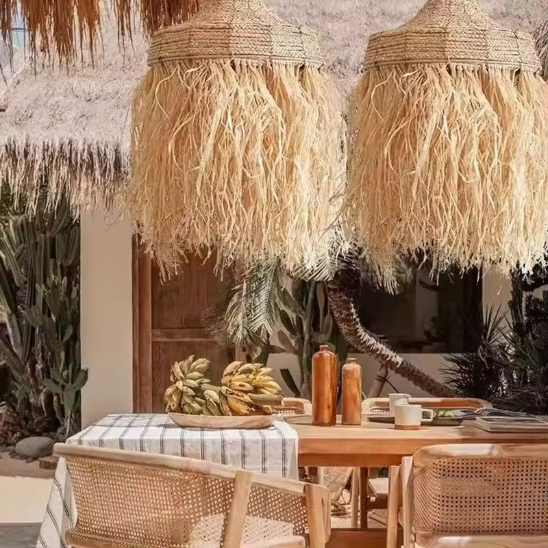 Wicker Fringe Pendant Lights Set of Two Dining Decor