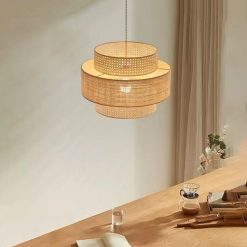 Layered Rattan Pendant Light Boho Drum Lamp Shade Console Table Decor
