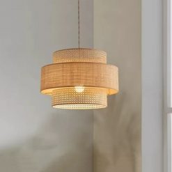 Layered Rattan Pendant Light Boho Drum Lamp Shade Hallway Fixture