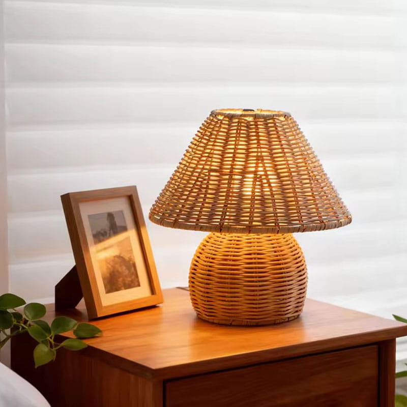 Rattan Table Lamp on Nightstand Boho Bedroom Lighting