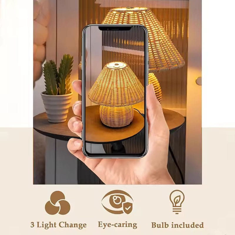 Rattan Table Lamp with 3 Light Changes Eye Caring, Bulb Included