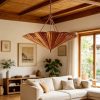 Rattan Umbrella Pendant Light Above Living Room with Garden View
