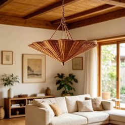 Rattan Umbrella Pendant Light Above Living Room with Garden View