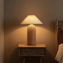 Vintage Wabi Sabi Rattan Table Lamp with Fabric Shade on Bedside Table