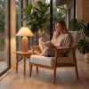 Wabi Sabi Rattan Table Lamp in Cozy Reading Nook by Window