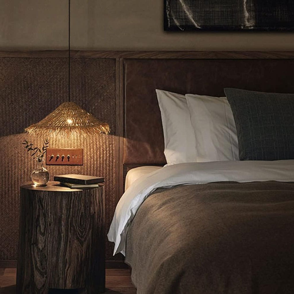Wabi Sabi Wicker Chandelier Straw Hat Pendant Light Bedroom Nightstand Decor
