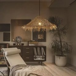 Wabi Sabi Wicker Chandelier Straw Hat Pendant Light Living Room Corner