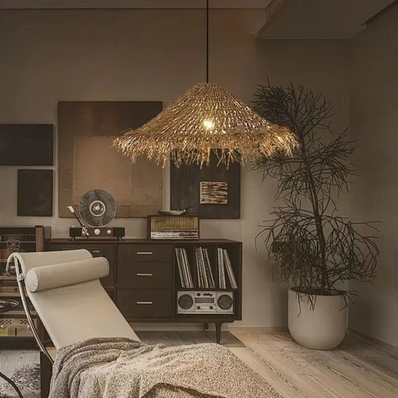 Wabi Sabi Wicker Chandelier Straw Hat Pendant Light Living Room Corner
