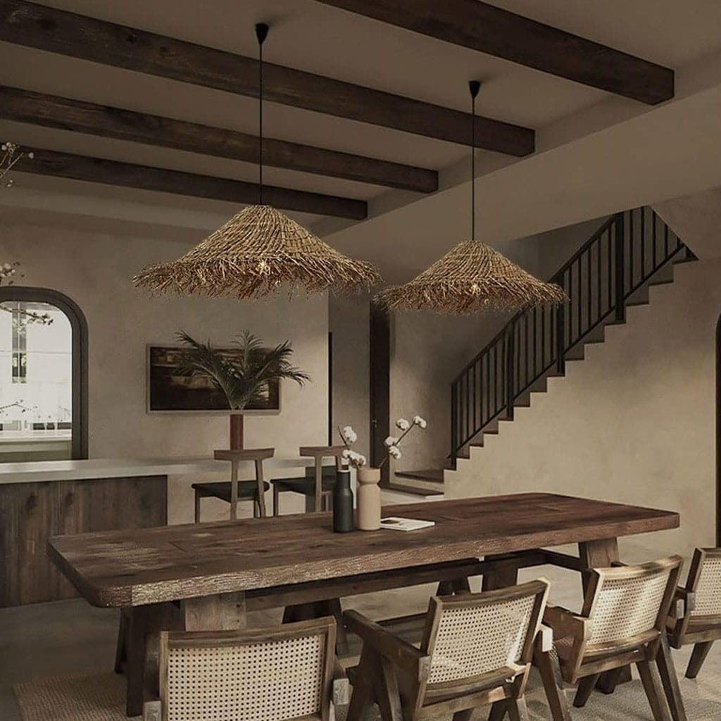 Wabi Sabi Wicker Chandelier Straw Hat Pendant Light Over Dining Table