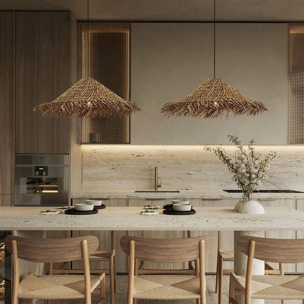 Wabi Sabi Wicker Chandelier Straw Hat Pendant Light Over Kitchen Island