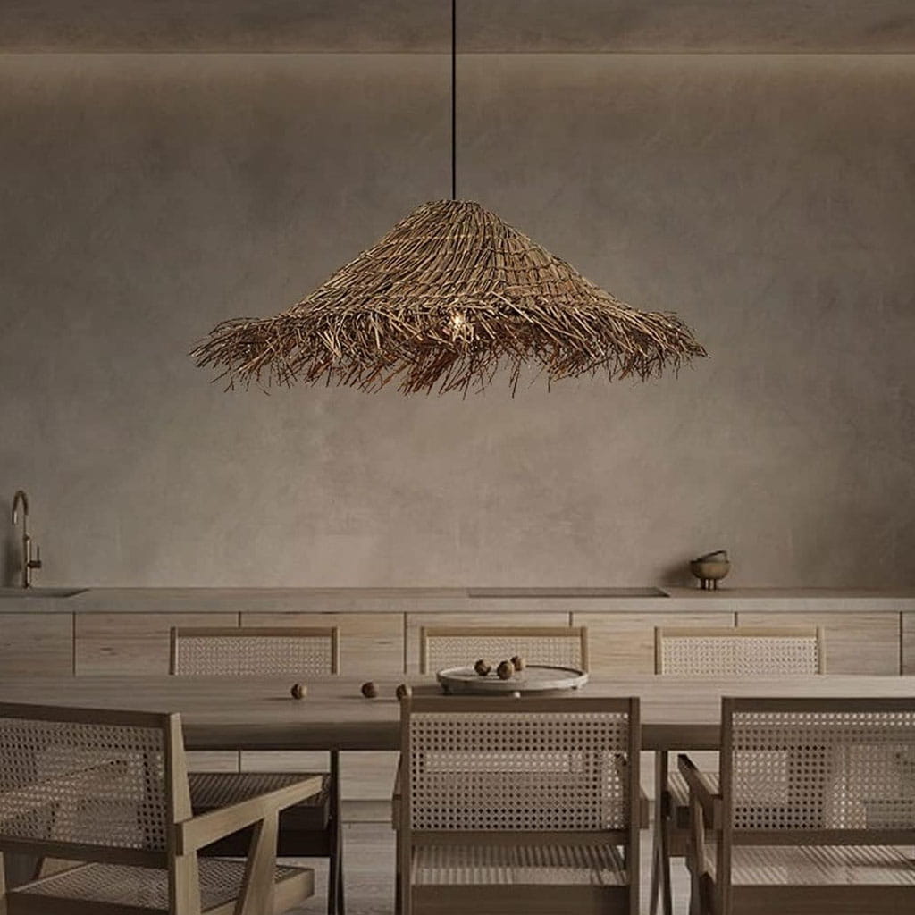 Wabi Sabi Wicker Chandelier Straw Hat Pendant Light Rustic Dining Room