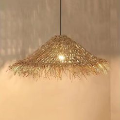 Wabi Sabi Wicker Chandelier Straw Hat Pendant Light Warm Glow Product Photo