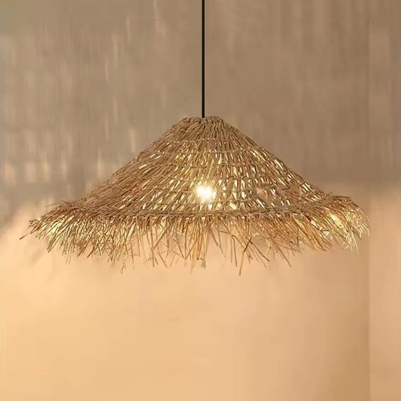 Wabi Sabi Wicker Chandelier Straw Hat Pendant Light Warm Glow Product Photo