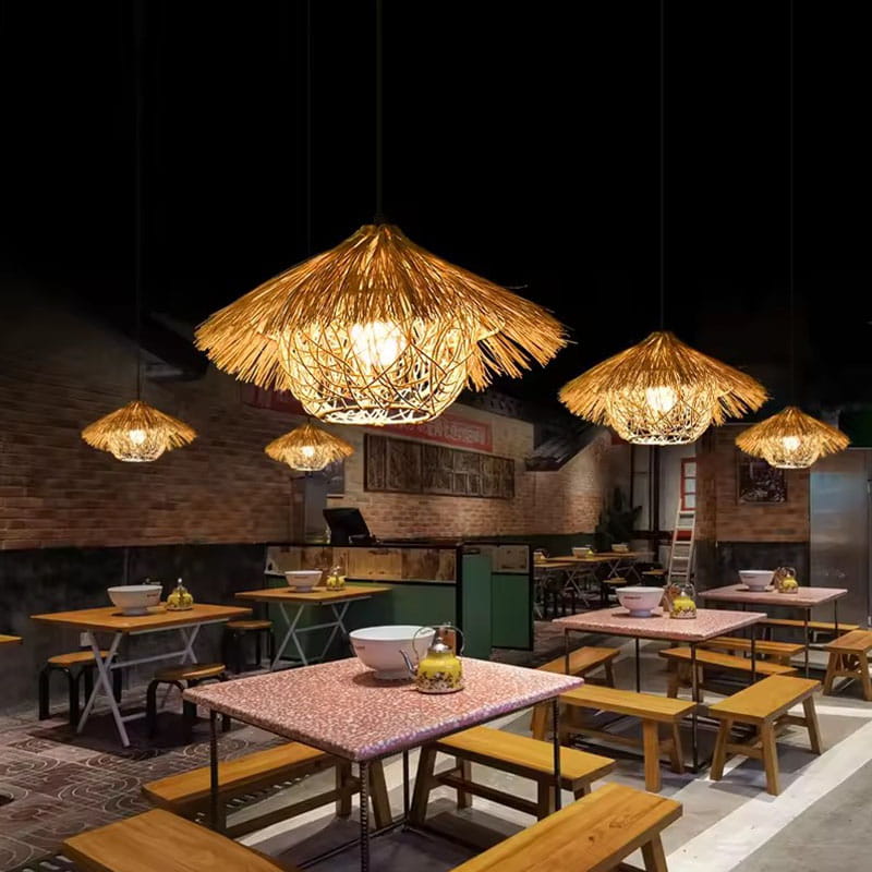 Wicker Straw Hat Pendant Light Cluster Restaurant Ceiling Lighting Decor