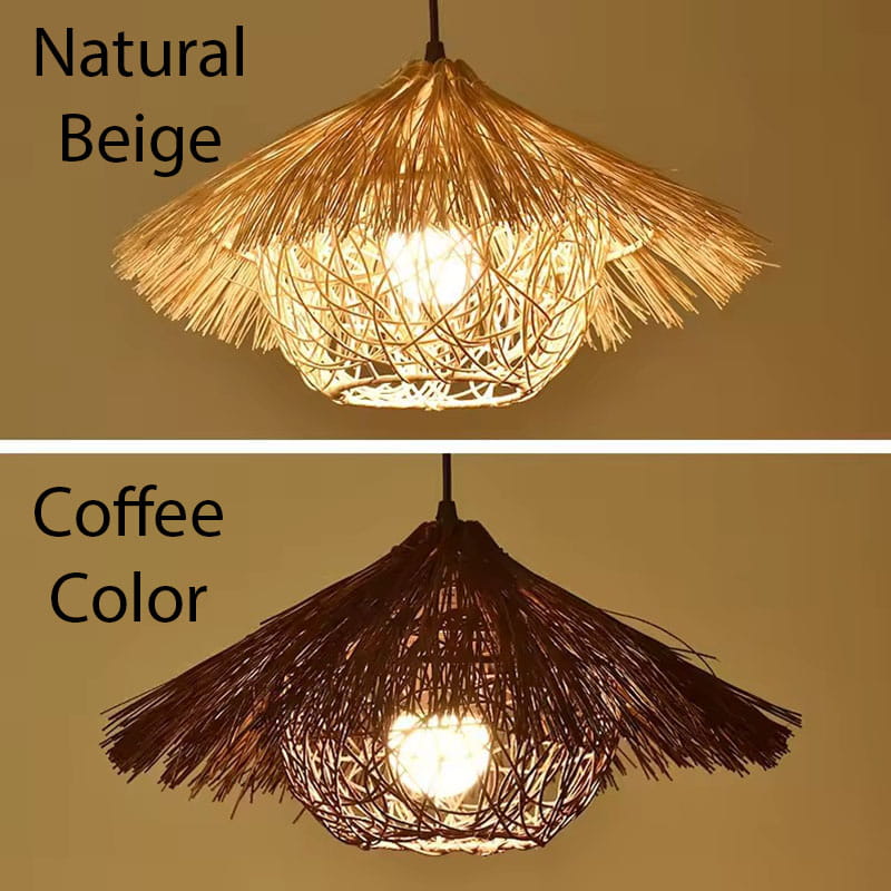 Wicker Straw Hat Pendant Light Natural Beige vs Coffee Color Comparison