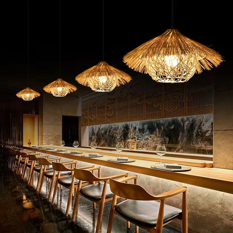 Wicker Straw Hat Pendant Light Row Over Restaurant Bar Counter