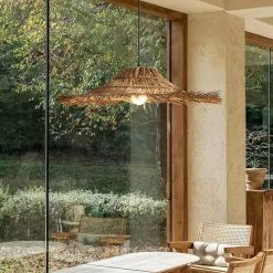 Wicker Straw Hat Pendant Light Wabi Sabi Lampshade Glass Wall Sunroom Decor