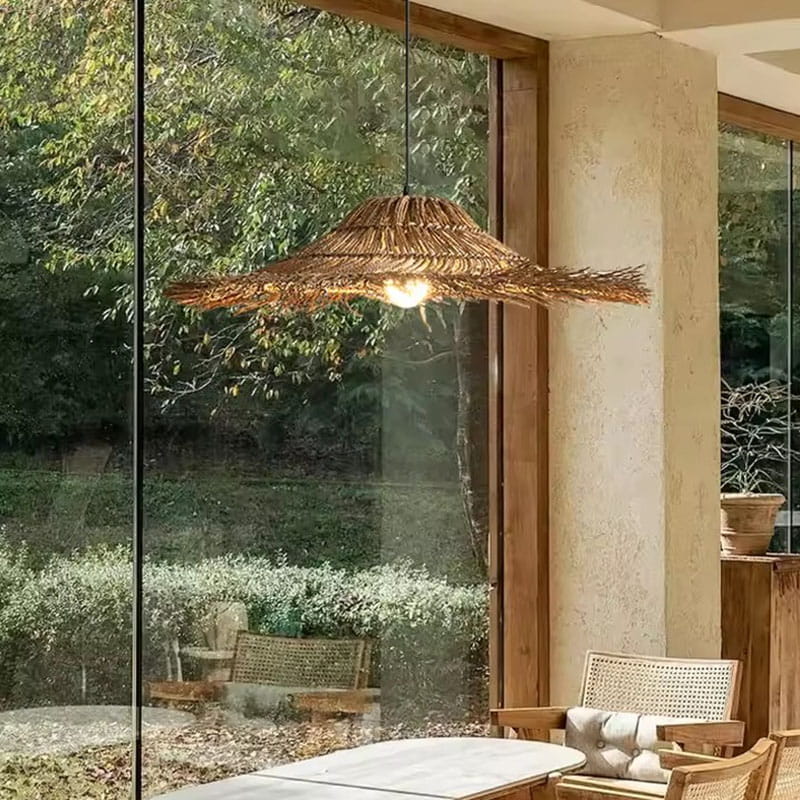 Wicker Straw Hat Pendant Light Wabi Sabi Lampshade Glass Wall Sunroom Decor