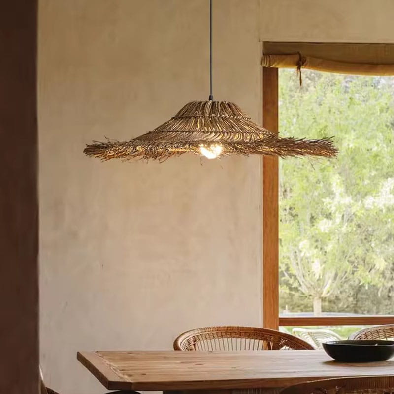 Wicker Straw Hat Pendant Light Wabi Sabi Lampshade Over Wooden Dining Table