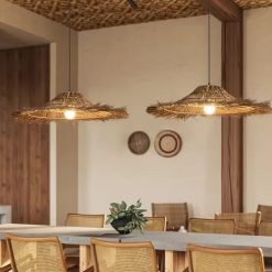Wicker Straw Hat Pendant Light Wabi Sabi Lampshade Rattan Dining Room Set