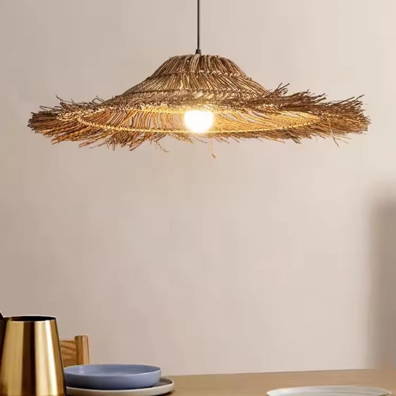 Wicker Straw Hat Pendant Light Wabi Sabi Lampshade Rustic Ceiling Fixture