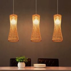 Woven Bamboo Pendant Lamps Japanese Style Weaving Lampshade Hourglass Shape Trio