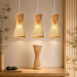 Woven Bamboo Pendant Lamps Japanese Style Weaving Lampshade Table Lamp Set