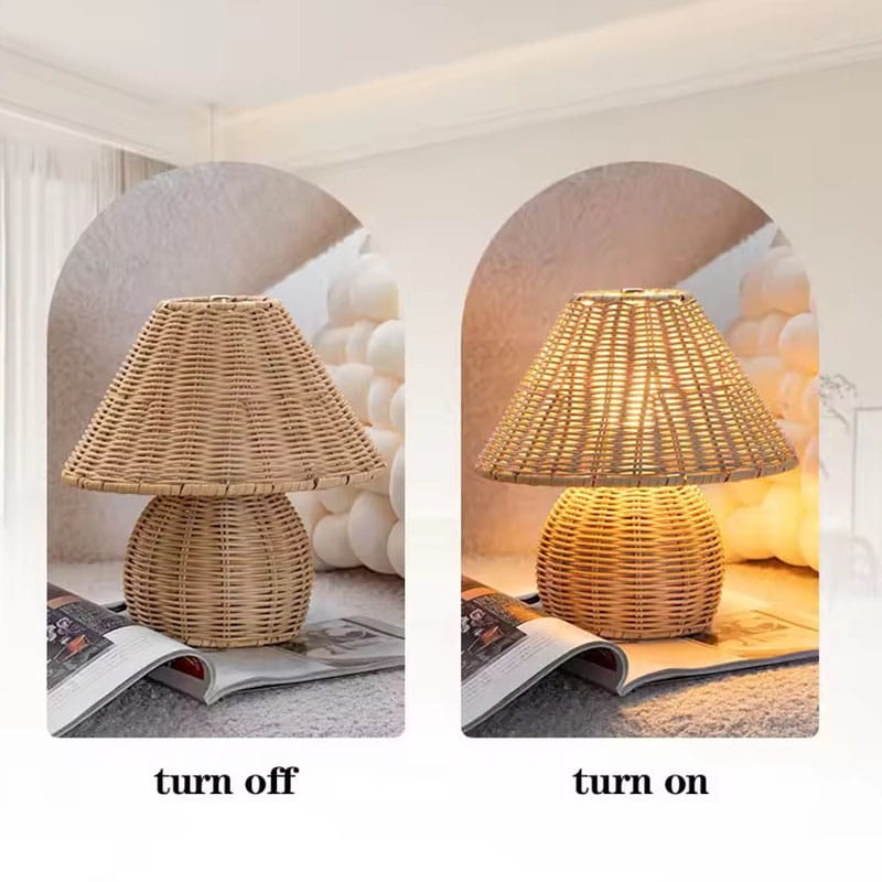 Woven Rattan Lamp Turned On vs Off Retro Home Lighting