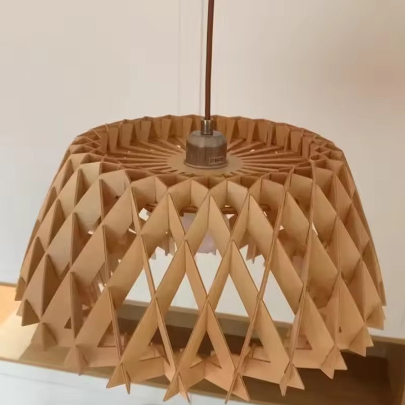 Close Up of Handcrafted Interlocking Wood Panels on Nordic Geometric Dome Pendant Light