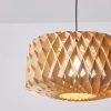 Closeup of Geometric Wood Drum Pendant Light Lattice Pattern When Lit