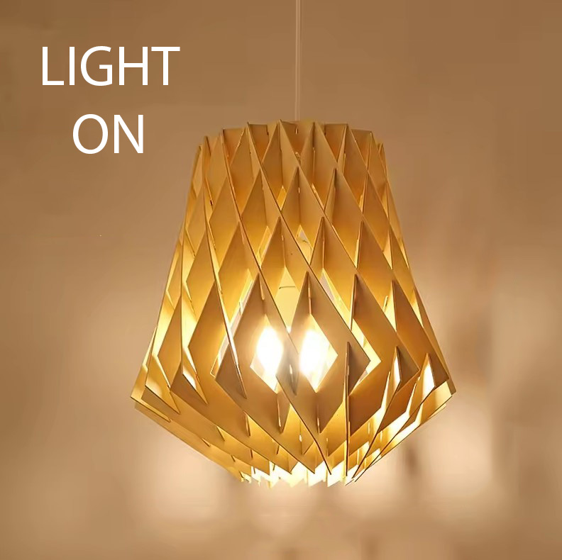 Geometric Wood Pendant Light Light On Effect