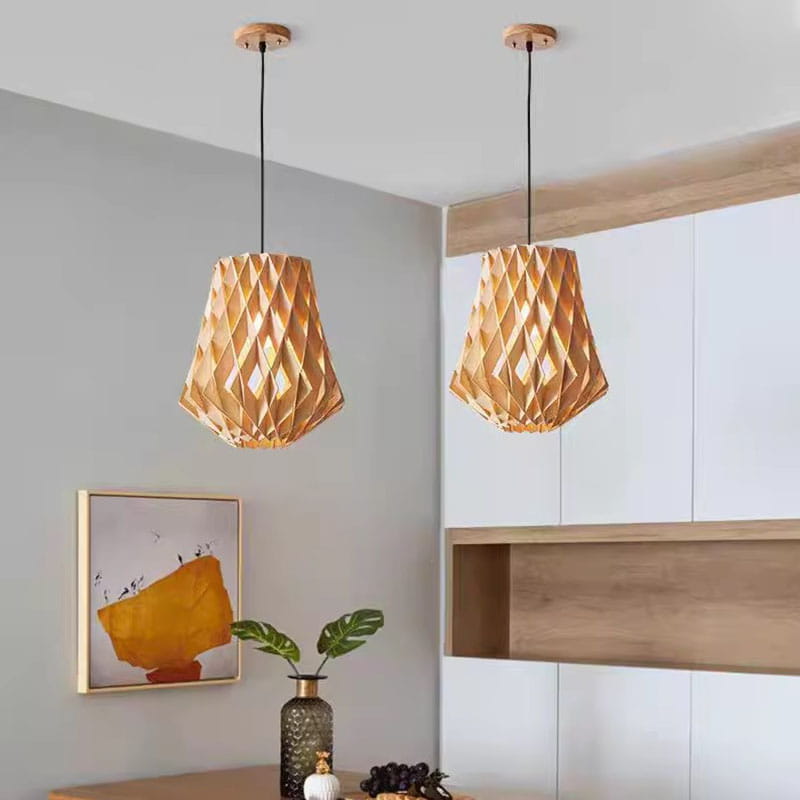 Geometric Wood Pendant Light Over Dining Area