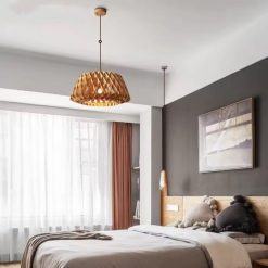 Nordic Geometric Wood Dome Pendant Light Over Bed in Modern Bedroom