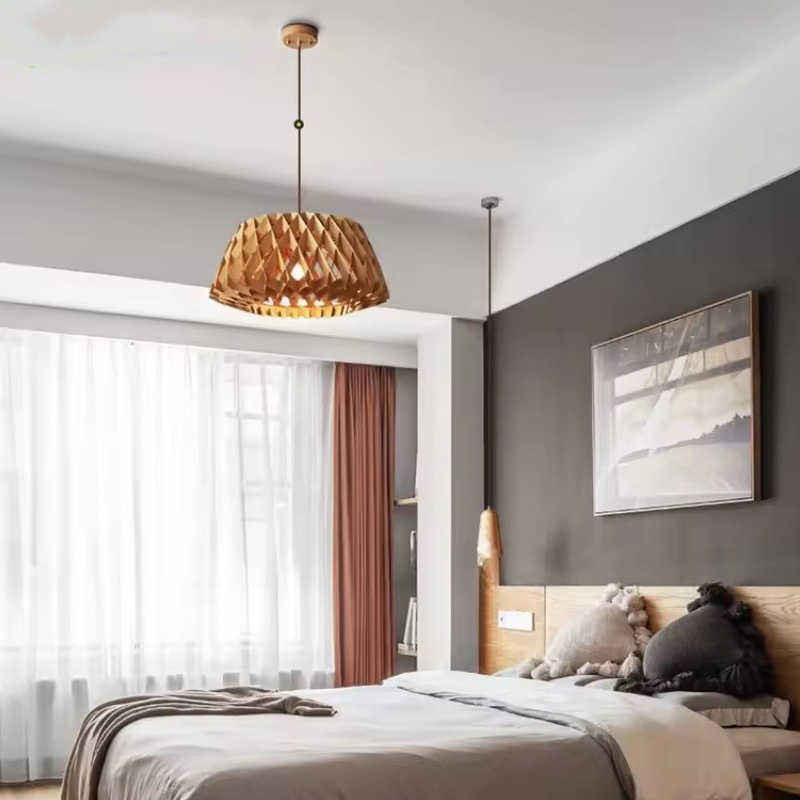 Nordic Geometric Wood Dome Pendant Light Over Bed in Modern Bedroom
