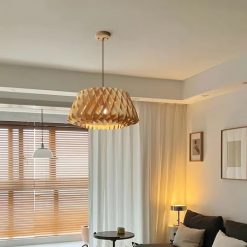 Nordic Geometric Wood Dome Pendant Light in Cozy Scandinavian Living Room