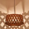 Walnut Geometric Wood Drum Pendant Casting Diamond Shadow Patterns on Wall