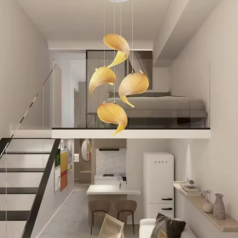 Wood Shell Shape Pendant Light Cluster in Modern Loft Apartment