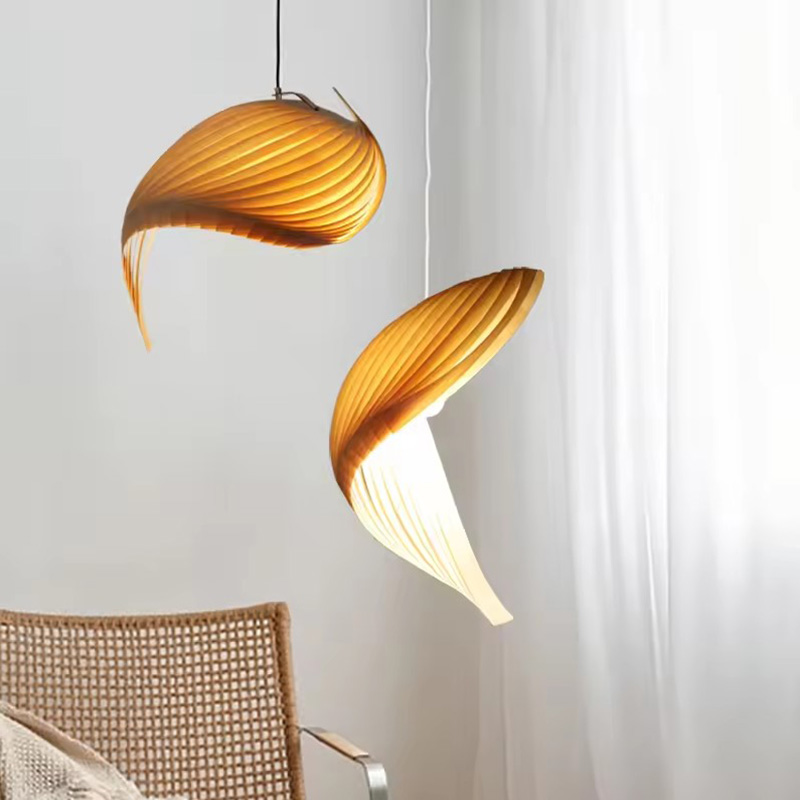 Wood Shell Shape Pendant Lights Near Window with Rattan Chair