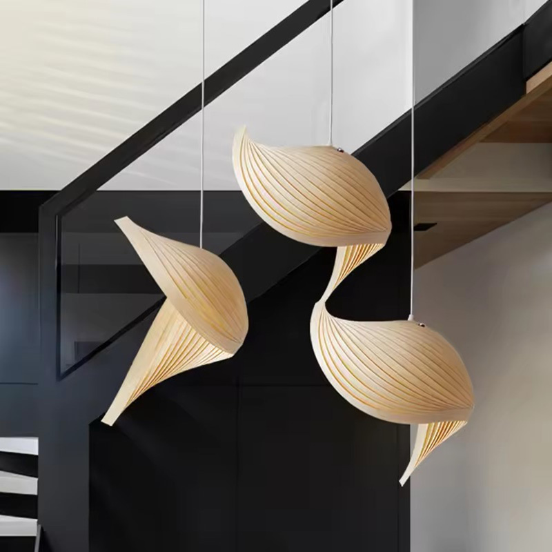 Wood Shell Shape Wooden Chandelier Over Black Staircase in Minimalist Home