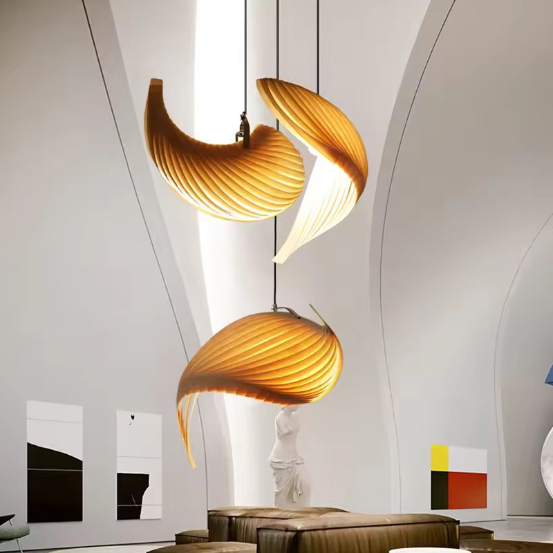 Wood Shell Shape Wooden Chandelier Set in High Ceiling Living Room