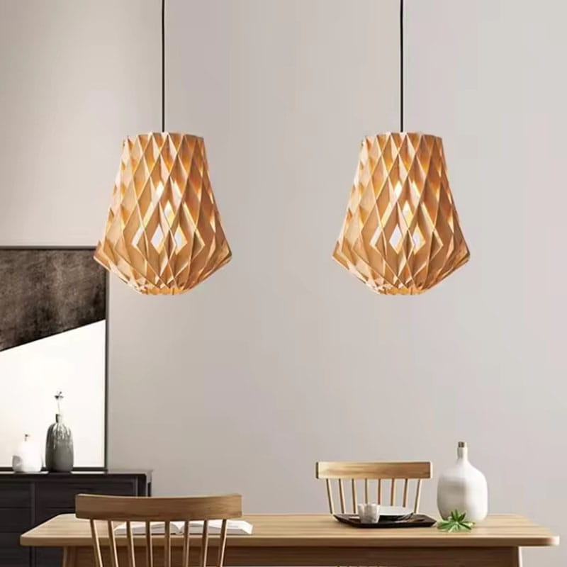 Wooden Geometric Pendant Lights Above Dining Table